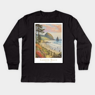 Sunset at Cannon Beach, Oregon - Vintage Style Poster Kids Long Sleeve T-Shirt